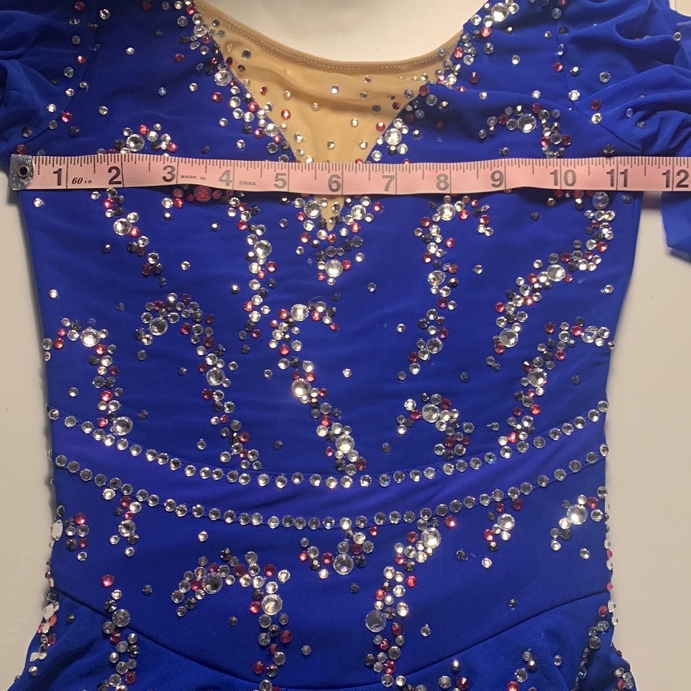 Ice skating dress royal blue size 8 rhinestones open back no zipper or closure